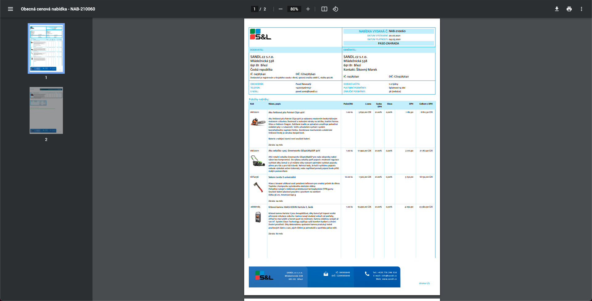 CRM - vytvořená nabídka v pdf